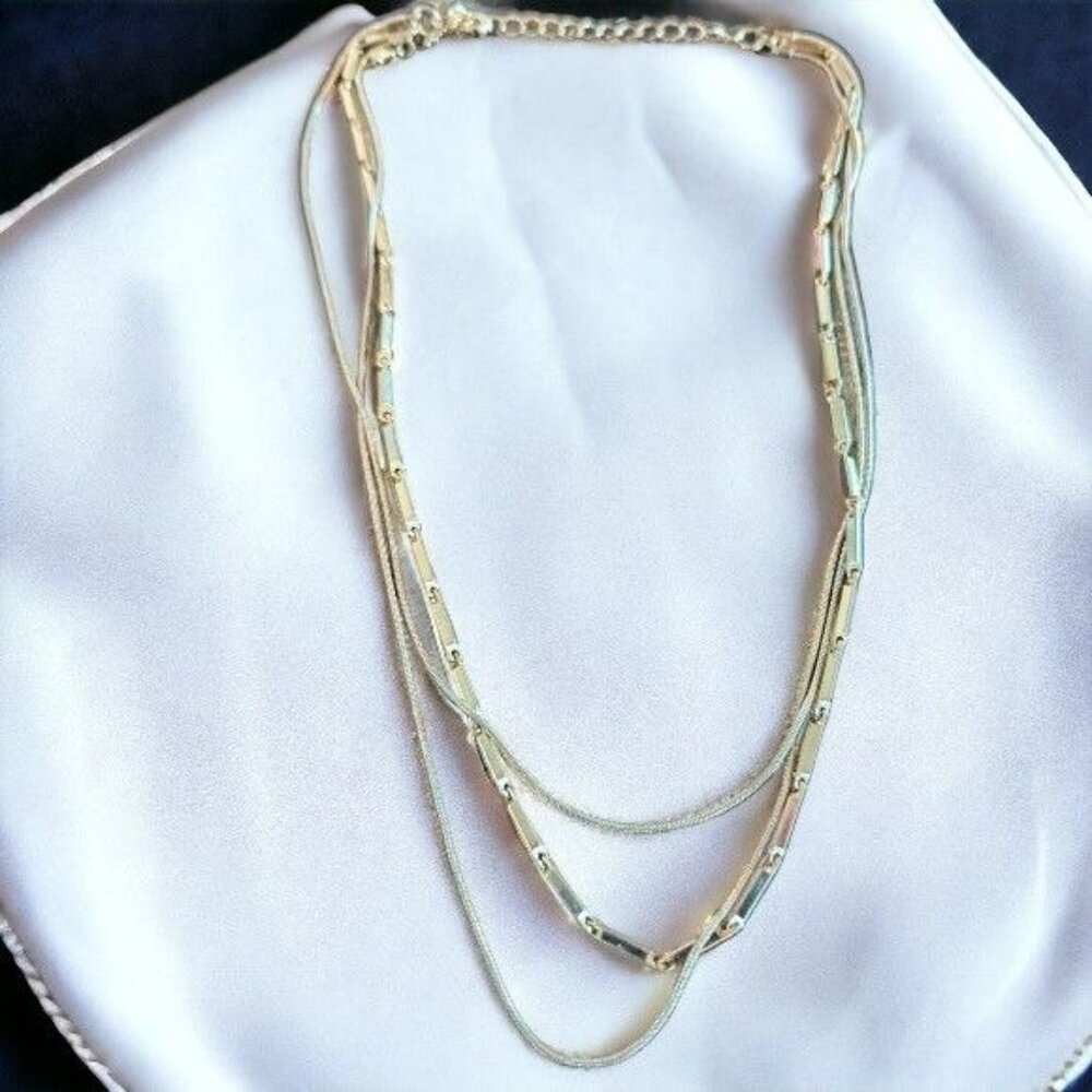 Gold Tone Layered Chain Necklace Princess Length